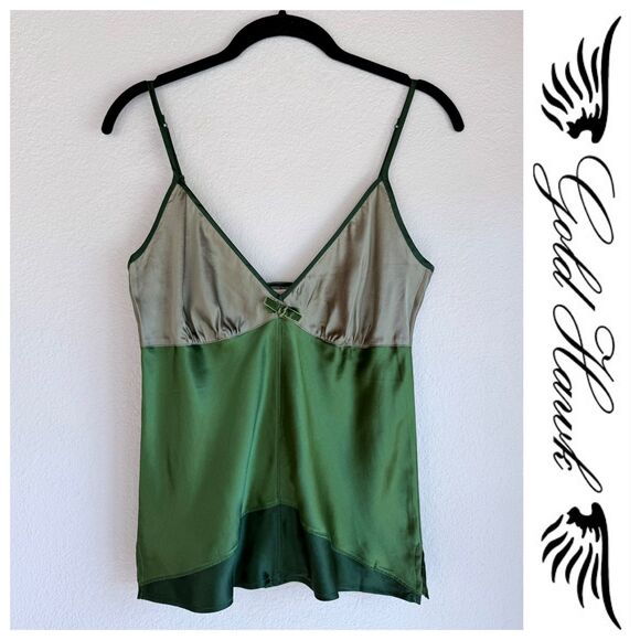 NWT Gold Hawk 100% Silk Colorblock Velvet Bow Camisole in Garden Green Sz Small - Picture 1 of 9